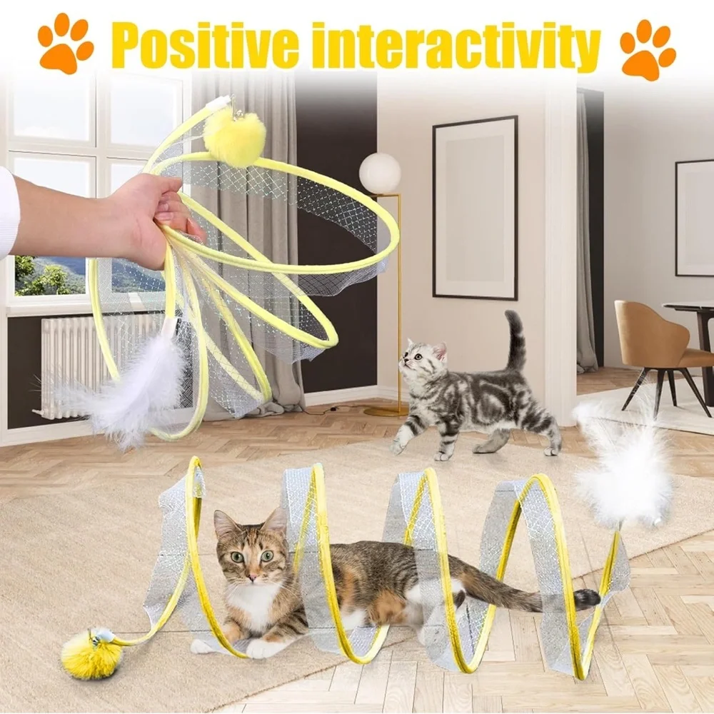 ✨BNWT - Foldable Interactive Cat Tunnel with Bell/Feather/PomPom Balls - Yellow✨